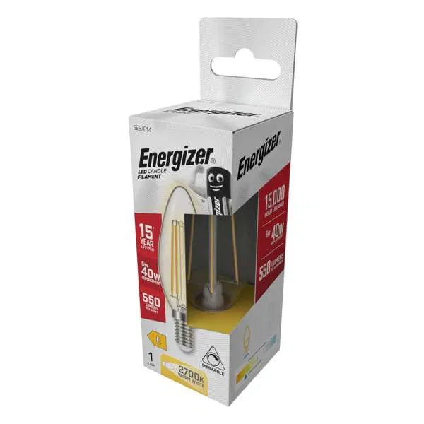Energizer 5W LED Filament Candle E14 (SES) 550lm 2700K Warm White Dimmable – S12856, ENER546
