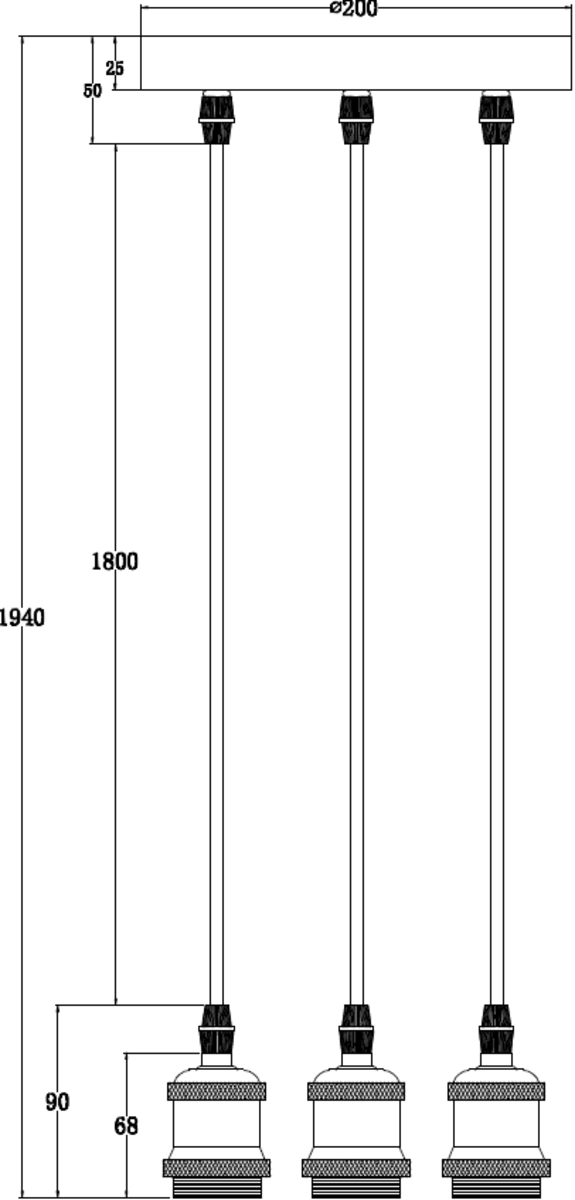 Knightsbridge: CALVI3PBC, Vintage 3 Light Ceiling Pendant, Adjustable Length, Brushed Chrome Finish, 40W Max, E27