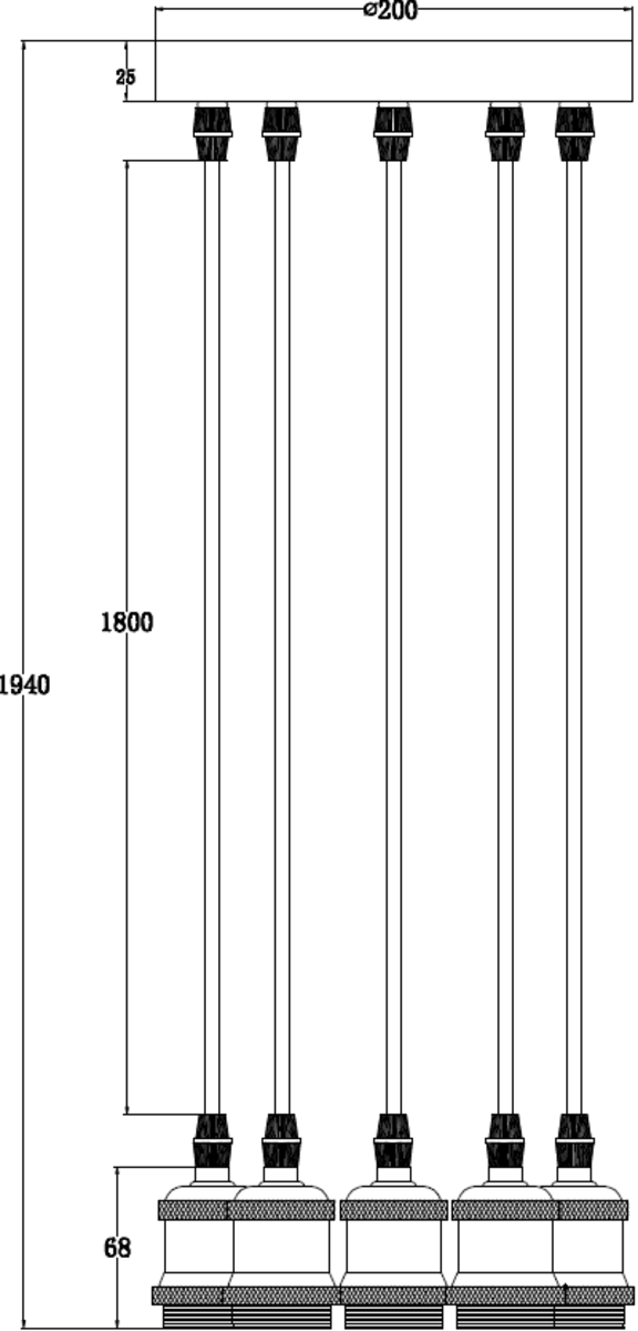 Knightsbridge: CALVI5PMB, Vintage 5 Light Pendant, Adjustable Height, Matt Black Finish, Indoor Use, Pressed Steel