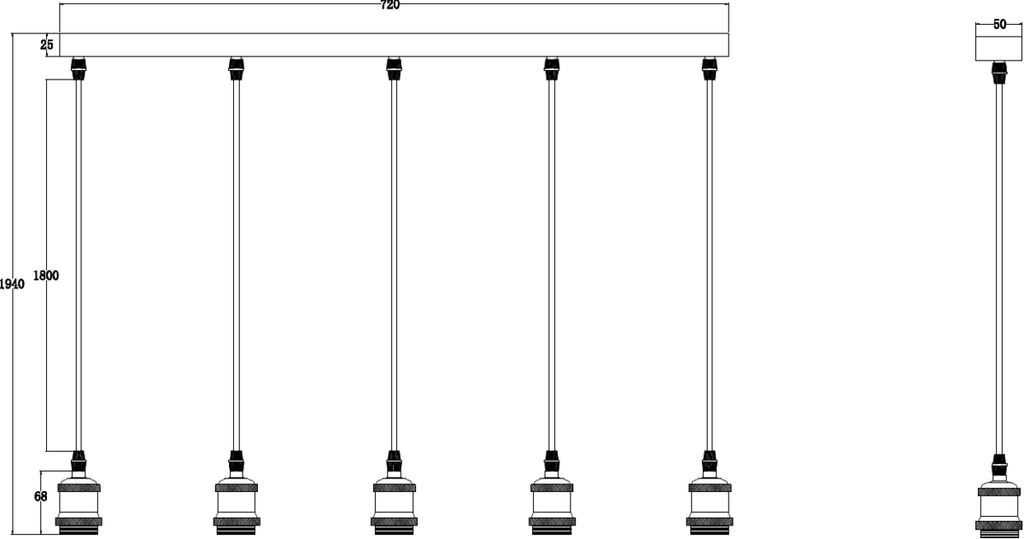 Knightsbridge: CALVI5BBC, Vintage 5 Light Bar Pendant, Brushed Chrome Finish, Adjustable 1.8m Cables, E27, 40W Max