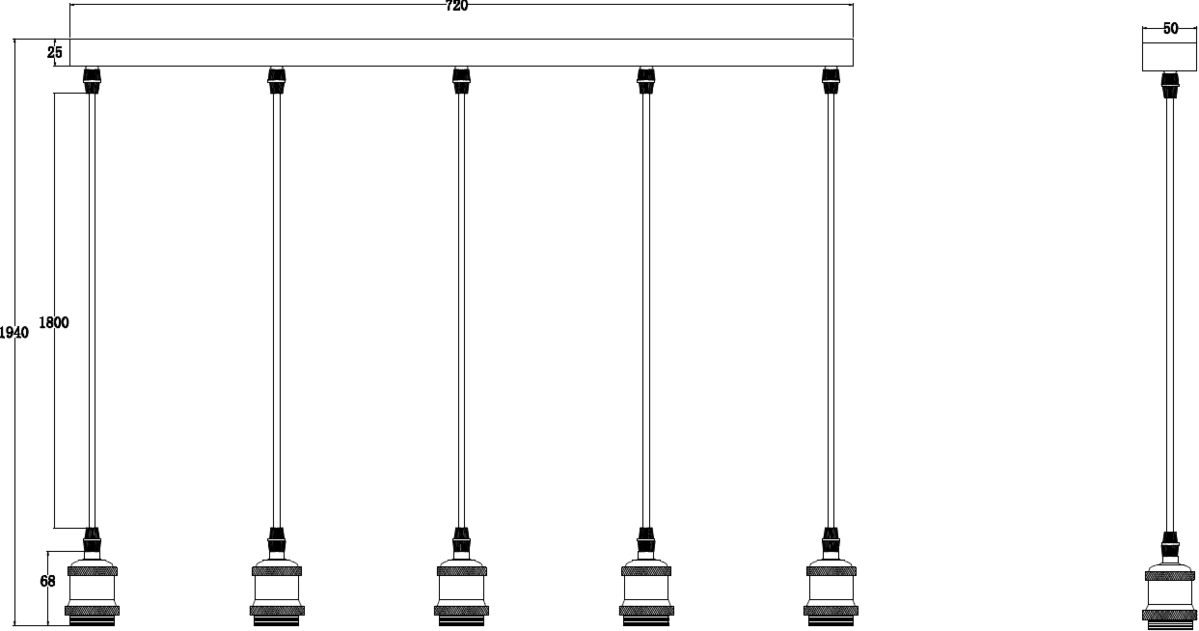 Knightsbridge: CALVI5BBC, Vintage 5 Light Bar Pendant, Brushed Chrome Finish, Adjustable 1.8m Cables, E27, 40W Max