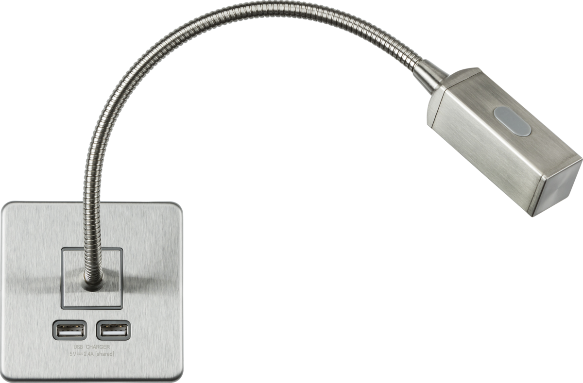 Knightsbridge: SFRLBC, 230V LED Dimmable Reading Light, Touch Dimmer, USB Charger, Brushed Chrome, 2W, 3000K