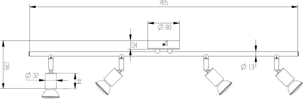 Knightsbridge: NSPGU4C, 230V GU10 Quad Bar Spotlight, Chrome Finish, 4 Adjustable Heads, IP20