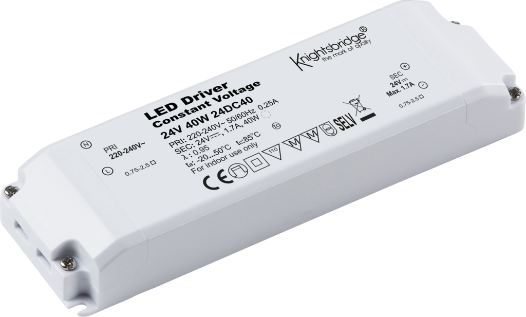 Knightsbridge: 24DC40, 24V 40W Constant Voltage LED Driver, IP20, White, Dimensions 52mm x 24mm x 166mm, 230V 50Hz