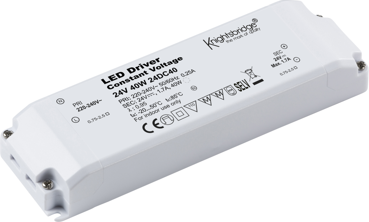 Knightsbridge: 24DC40, 24V 40W Constant Voltage LED Driver, IP20, White, Dimensions 52mm x 24mm x 166mm, 230V 50Hz