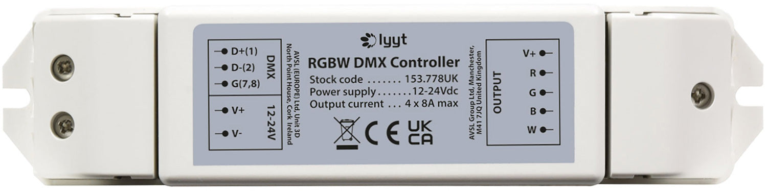LYYT: 153.778UK, RGBW DMX Controller, 4 Channels, 12-24V, 384W Max, Screw Terminals