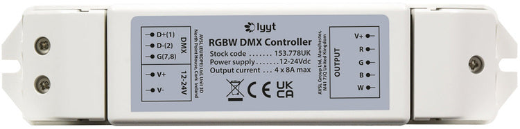 LYYT: 153.778UK, RGBW DMX Controller, 4 Channels, 12-24V, 384W Max, Screw Terminals