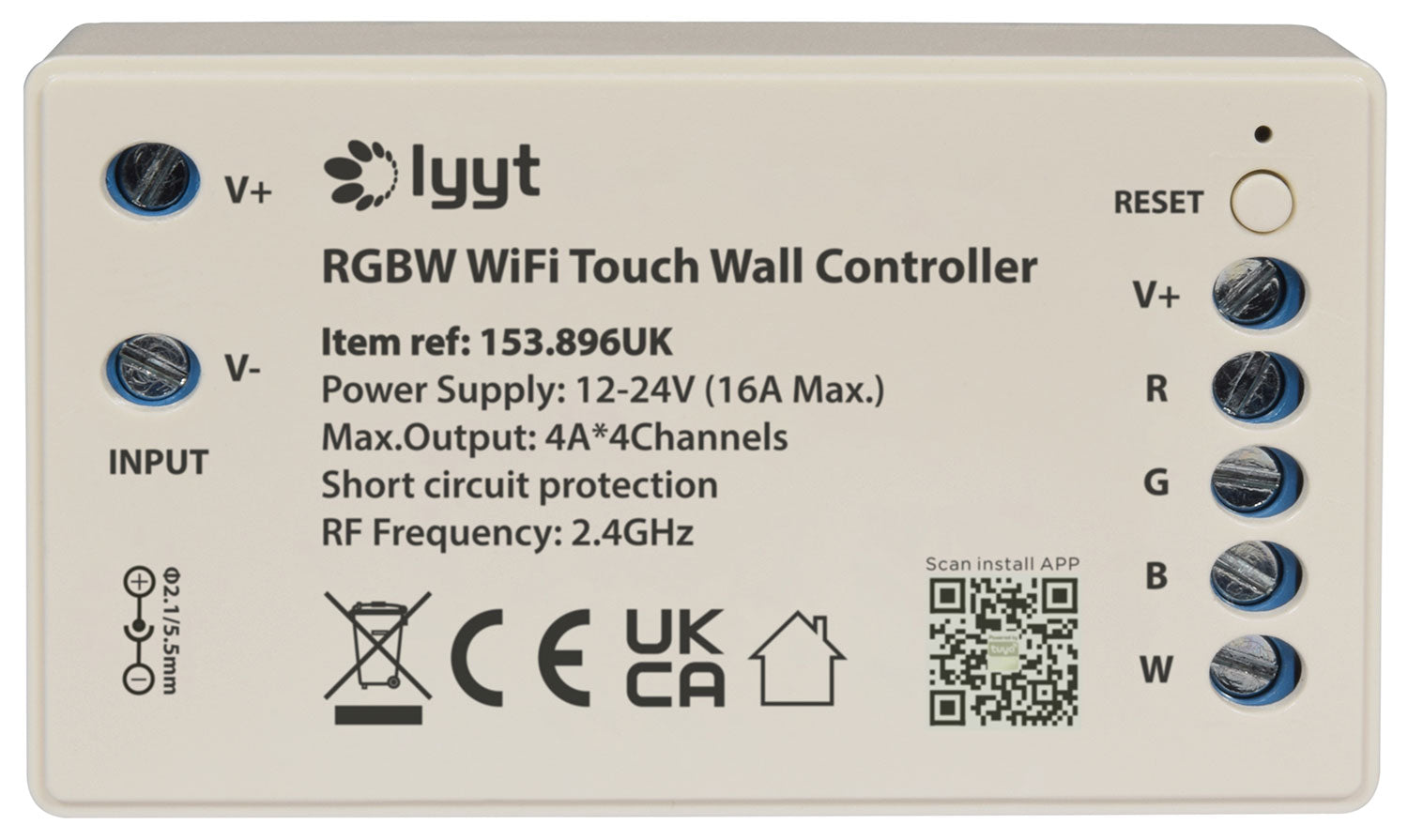 LYYT: 153.896UK, RGBW WiFi Controller with Wall Plate, Voice Control, 12-24V, 16A Max