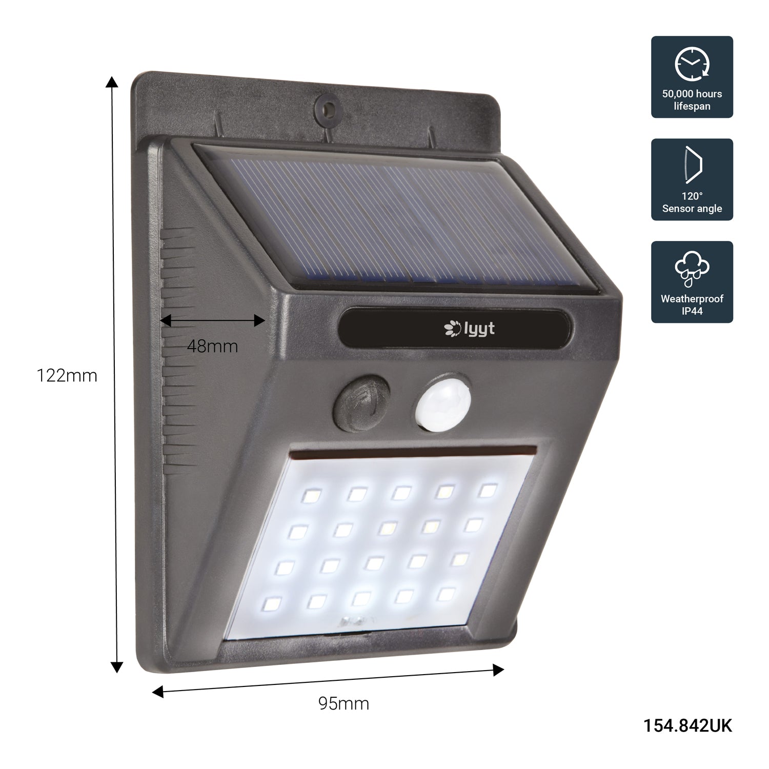 LYYT: 154.842UK, 20 LED Solar Outdoor Garden Wall Light, Motion Sensor, IP44, ABS, 150 Lumens