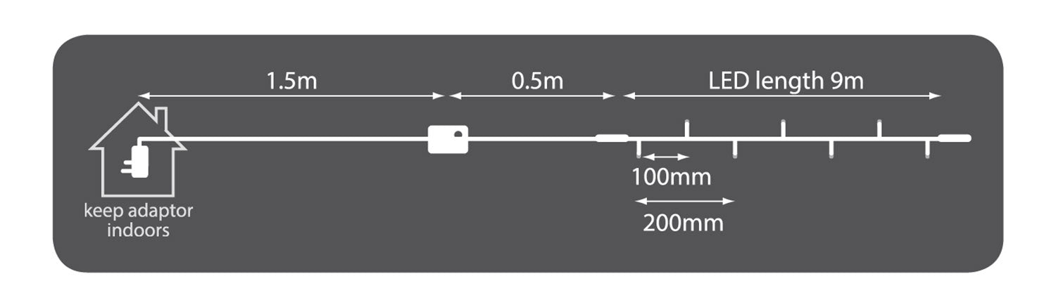 LYYT: 155.409UK, Heavy Duty LED String Lights, 90 LEDs, Multicolour, IP44, 9m Length, Black Cable