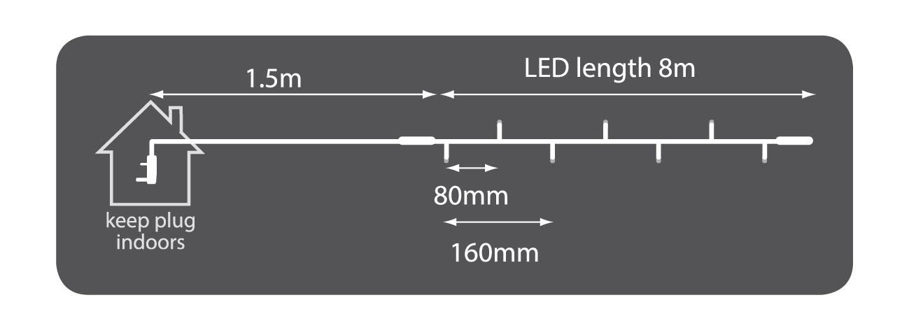 LYYT: 155.442UK, Connectable Outdoor LED String Lights, Cool White, 100 LEDs, 8m, IP44 Rated, Heavy Duty Cable
