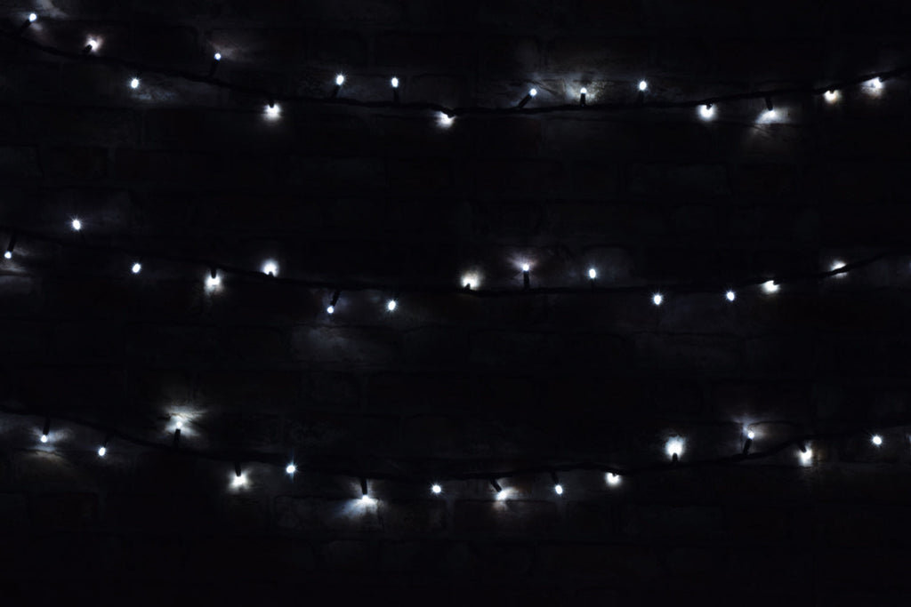 LYYT: 155.485UK, Heavy Duty LED String Lights, 180 LEDs, 20m, White, IP44, Black Cable, 7W
