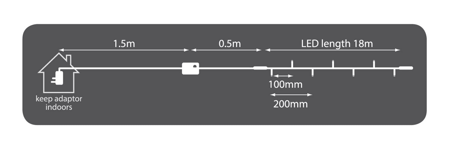LYYT: 155.485UK, Heavy Duty LED String Lights, 180 LEDs, 20m, White, IP44, Black Cable, 7W