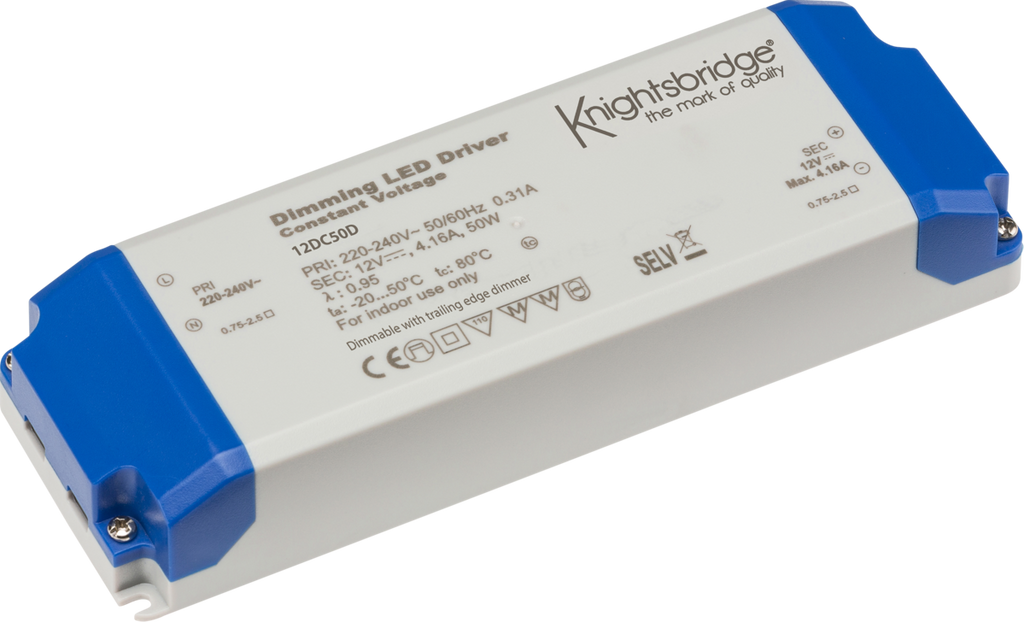 Knightsbridge: 12DC50D, Dimmable 12V 50W LED Driver, Constant Voltage, IP20 Rated, White Finish