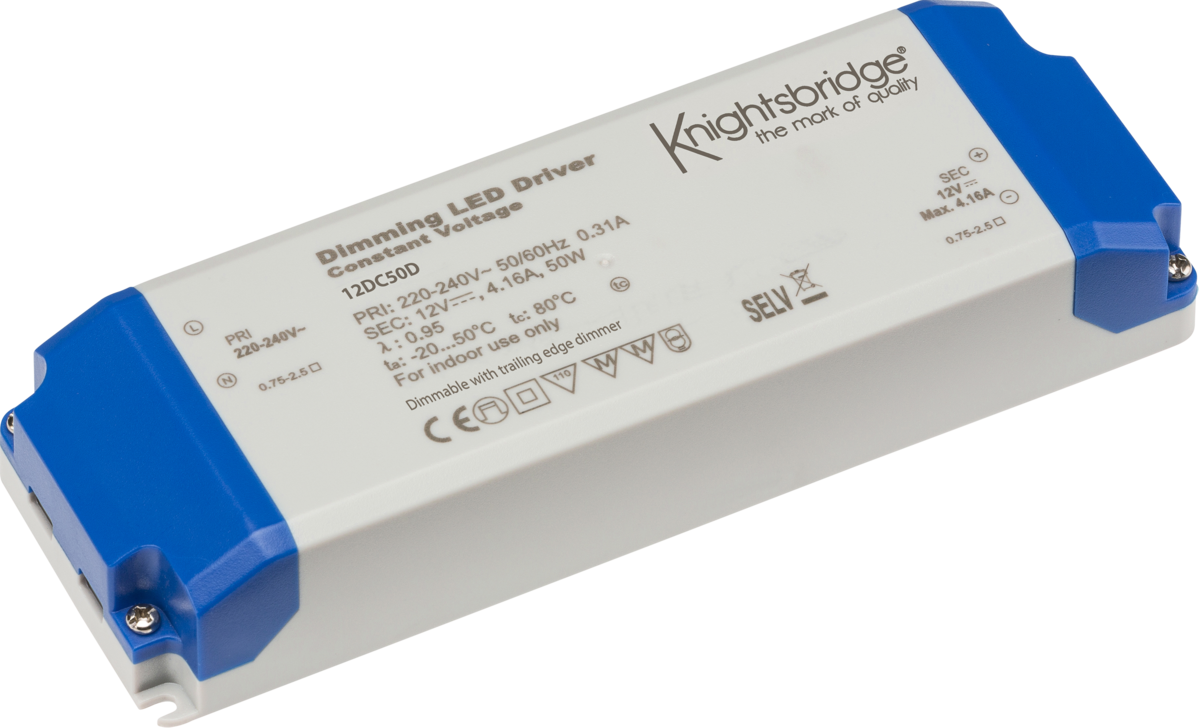 Knightsbridge: 12DC50D, Dimmable 12V 50W LED Driver, Constant Voltage, IP20 Rated, White Finish