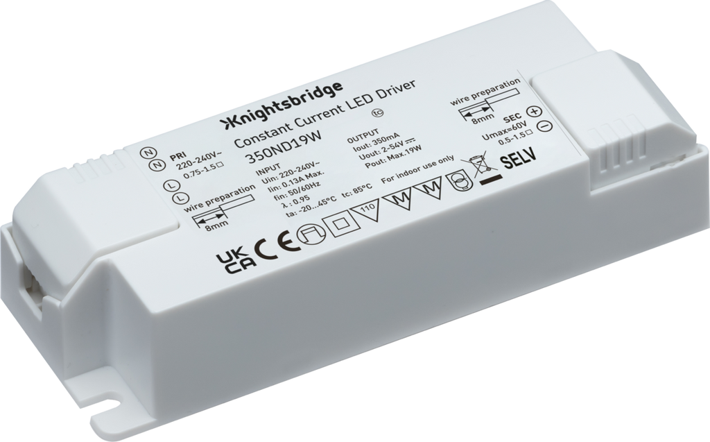 Knightsbridge: 350ND19W, Constant Current 350mA LED Driver, 19W, 2-54V, IP20, Non-Dimmable, White