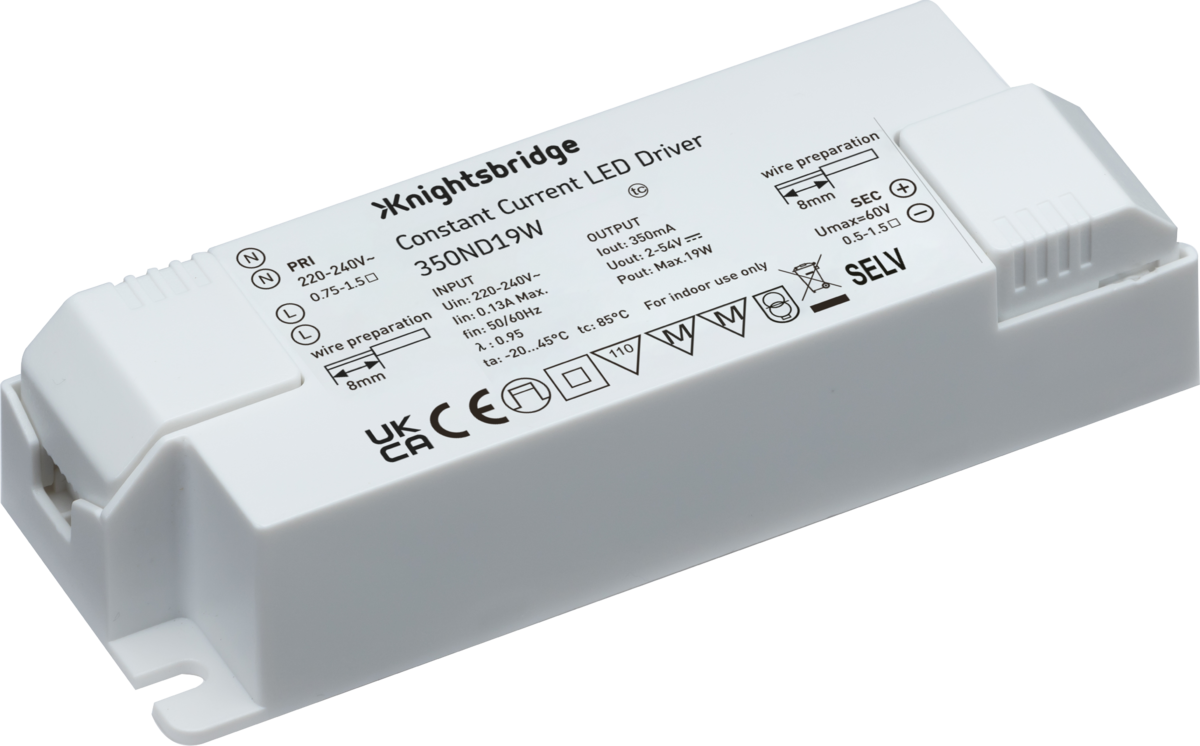 Knightsbridge: 350ND19W, Constant Current 350mA LED Driver, 19W, 2-54V, IP20, Non-Dimmable, White