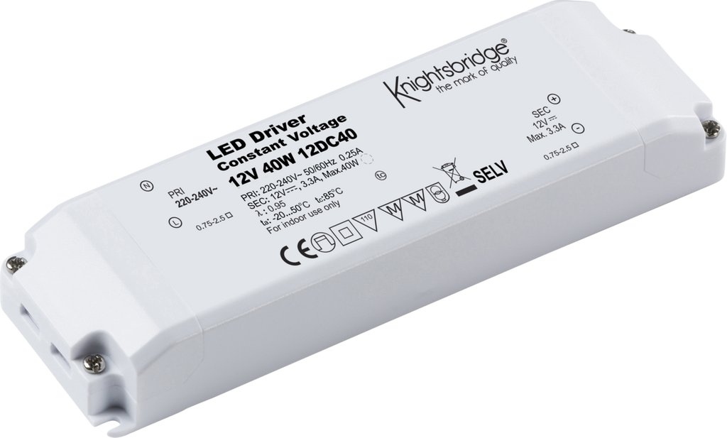 Knightsbridge: 12DC40, 12V DC 40W LED Driver, Constant Voltage, IP20, Class II, White, Polycarbonate, 166mm x 52mm x 24mm