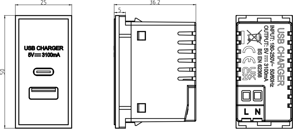 Knightsbridge: NETUSBCGY, Dual USB A+C Charger Module, Euro Modular Compatible, 230V, 3.1A Max, IP20, Grey, 25x50mm