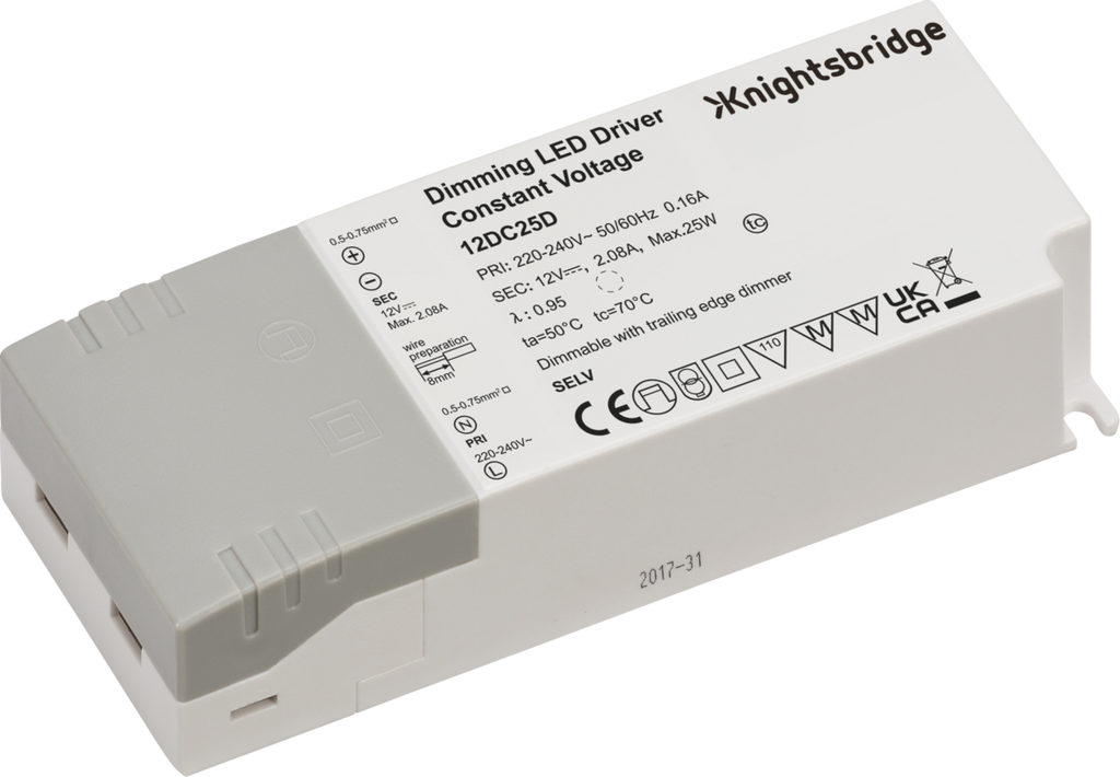 Knightsbridge: 12DC25D, 12V 25W Dimmable LED Driver, Constant Voltage, Trailing Edge Compatible, IP20, ABS Construction