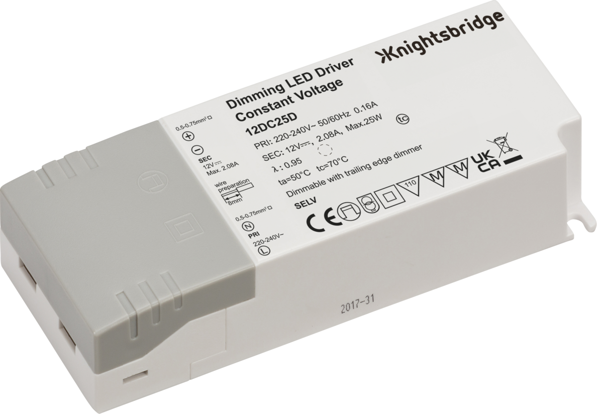 Knightsbridge: 12DC25D, 12V 25W Dimmable LED Driver, Constant Voltage, Trailing Edge Compatible, IP20, ABS Construction