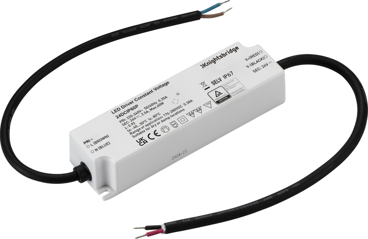 Knightsbridge: 24DCIP60P, 24V Waterproof LED Driver, Constant Voltage, 60W, IP67 Rated, Class II, 230V