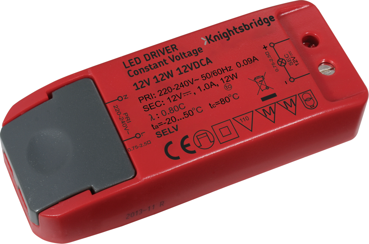 Knightsbridge: 12VDCA, 12V 12W LED Driver, Constant Voltage, IP20, Compact Polycarbonate Design