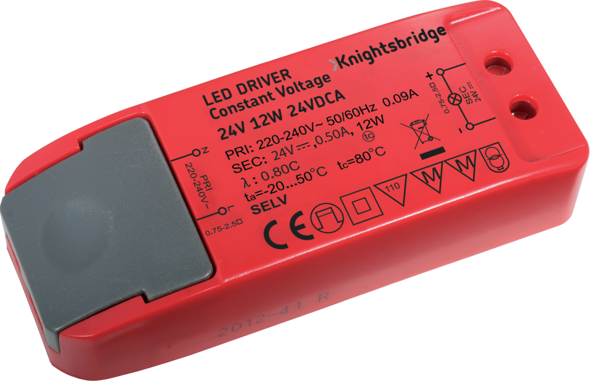 Knightsbridge: 24VDCA, 24V 12W LED Driver, Constant Voltage, IP20 Rated, Polycarbonate, 230V, 36mm x 22mm x 98mm