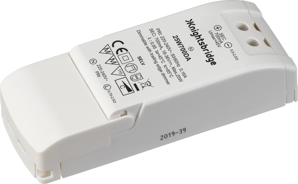 Knightsbridge: 25W700DA, IP20 700mA 25W LED Dimmable Driver, Constant Current, 230V, Polycarbonate