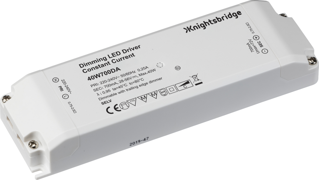 Knightsbridge: 40W700DA, Dimmable LED Driver, Constant Current, IP20, Polycarbonate, 700mA, 230V