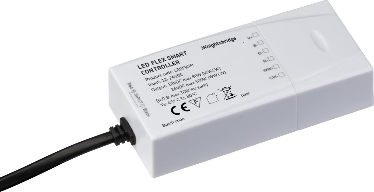 Knightsbridge: LEDFWIFI, Smart LED Flex WiFi Controller, Dimmable RGB, Voice Control, IP20, White Polycarbonate, 12V / 24V, 100 Fitting Zones