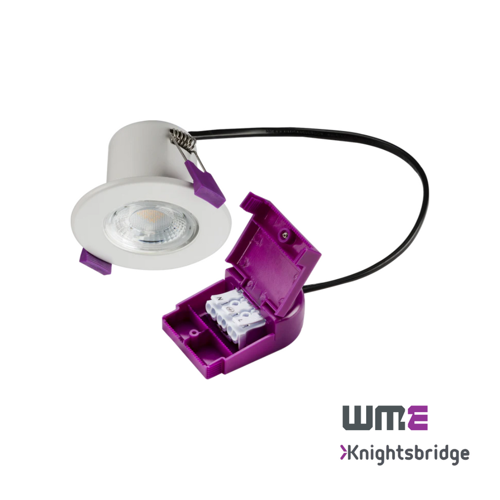 Knightsbridge: CFR5CCT, 5W Fire-Rated CCT LED Downlight, Dimmable, Selectable Colour 3000K/4000K/5500K, IP65, Acoustic Rated, White Finish