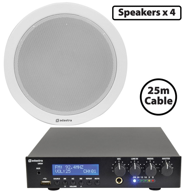 Adastra: 300.010UK, Compact 100V Ceiling Speaker Package with Bluetooth & USB, 5.25" Metal Speakers, Ideal for Low Ceilings