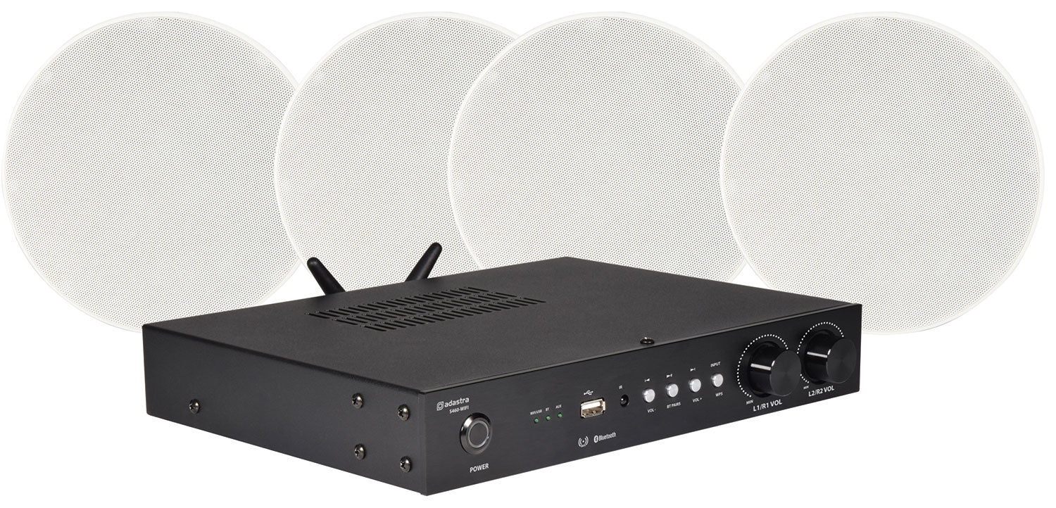 Adastra: 300.103UK, Smart Pack Multiroom Wireless Amplifier, 2 Zones, Bluetooth, WiFi Streaming, Includes 4 x 6.5" Ceiling Speakers