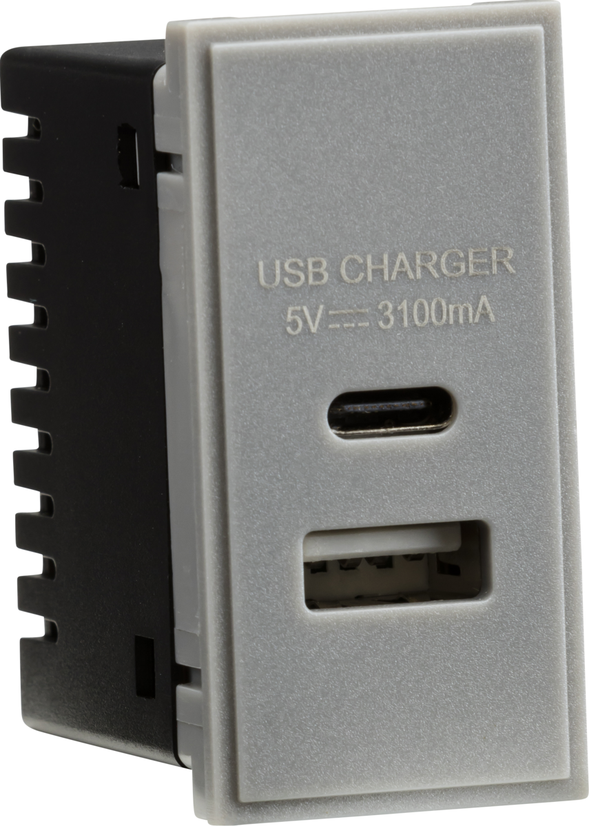 Knightsbridge: NETUSBCGY, Dual USB A+C Charger Module, Euro Modular Compatible, 230V, 3.1A Max, IP20, Grey, 25x50mm