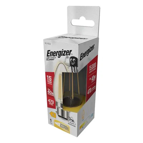 Energizer 4W LED Filament Candle Bulb B22 – 470lm Warm White – S12868 | Energy-Efficient Lighting