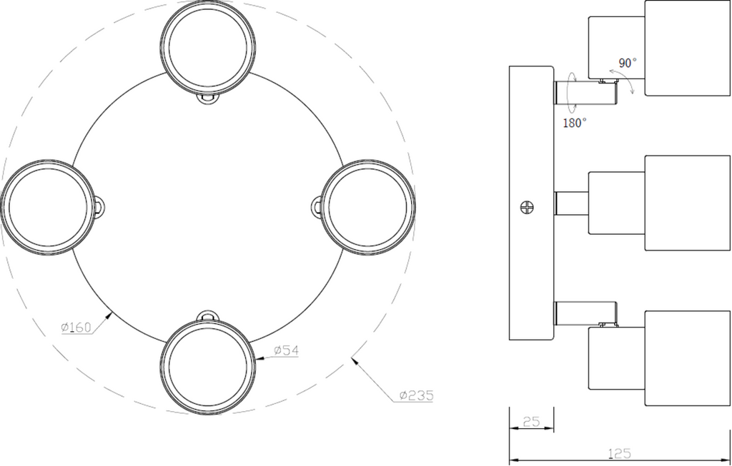Knightsbridge: CSP3BC, 230V GU10 Quad Spotlight, Adjustable Heads, Brushed Chrome Finish, 50W Max, Dimmable, 90° Tilt