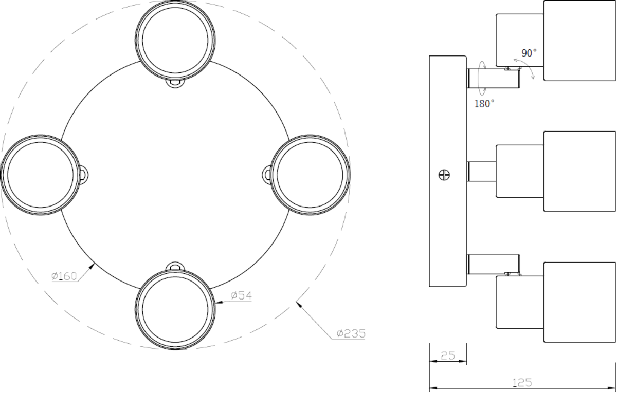 Knightsbridge: CSP3BC, 230V GU10 Quad Spotlight, Adjustable Heads, Brushed Chrome Finish, 50W Max, Dimmable, 90° Tilt
