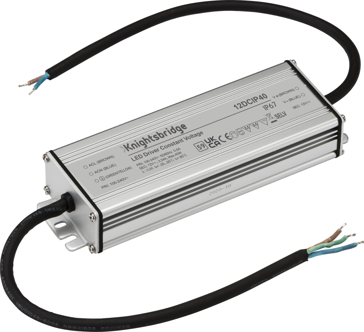 Knightsbridge: 12DCIP40, 12V IP67 40W DC LED Driver, Constant Voltage, Grey, Overheat & Overload Protection, SELV Safety