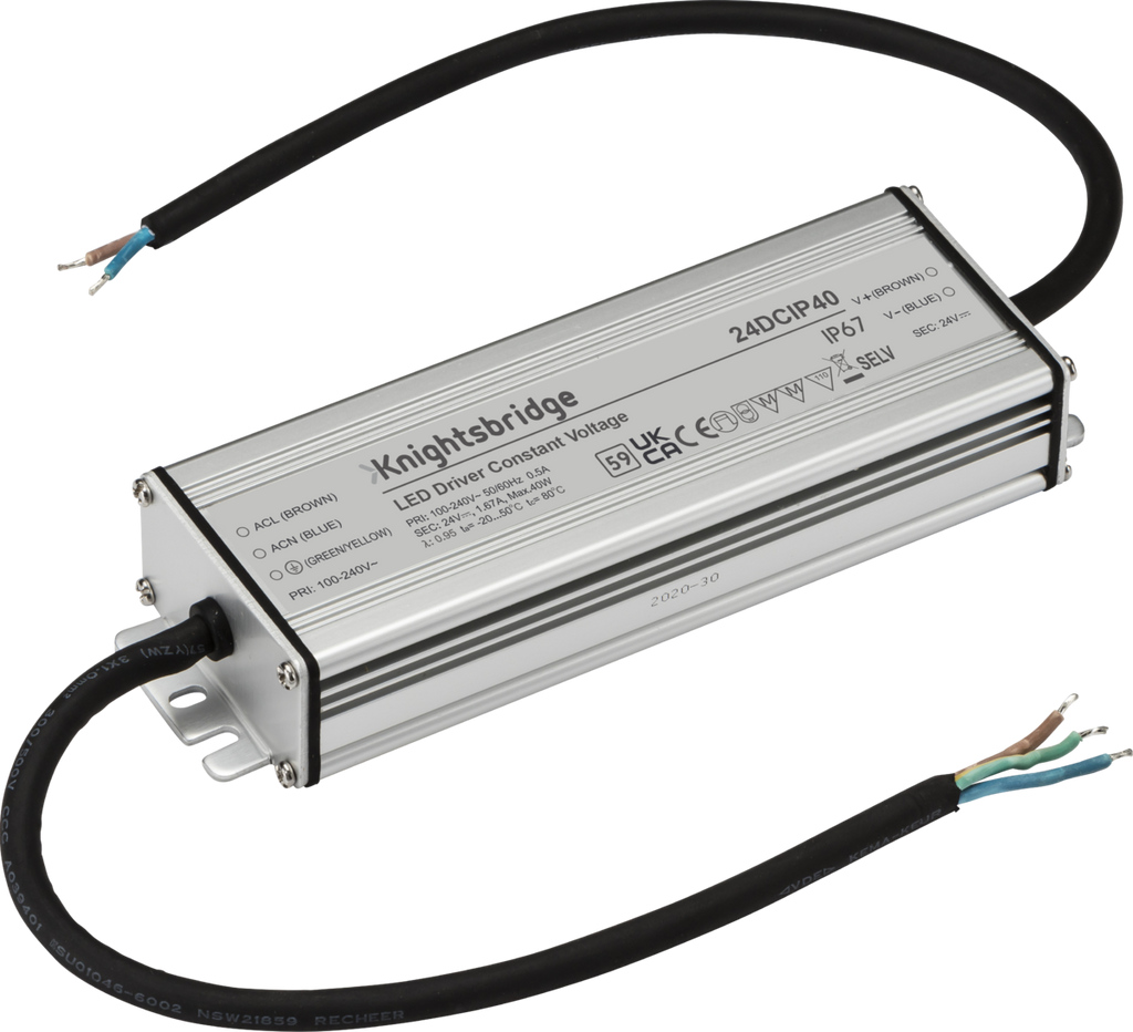 Knightsbridge: 24DCIP40, 24V IP67 40W Constant Voltage LED Driver, Overheat Protection, Grey Aluminium, 230V 50Hz