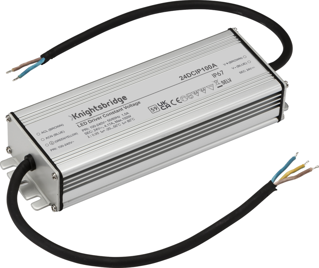 Knightsbridge: 24DCIP100A, 24V IP67 100W DC LED Driver, Grey Aluminium, Overheat Protection, 300mm Cables