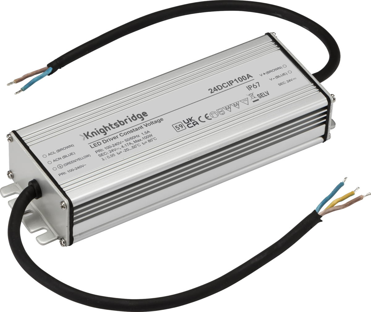Knightsbridge: 24DCIP100A, 24V IP67 100W DC LED Driver, Grey Aluminium, Overheat Protection, 300mm Cables