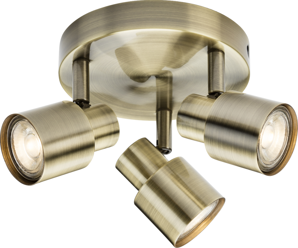 Knightsbridge: CSP2AB, 230V GU10 Triple Spotlight, Antique Brass Finish, Adjustable Heads, 50W Max, IP20