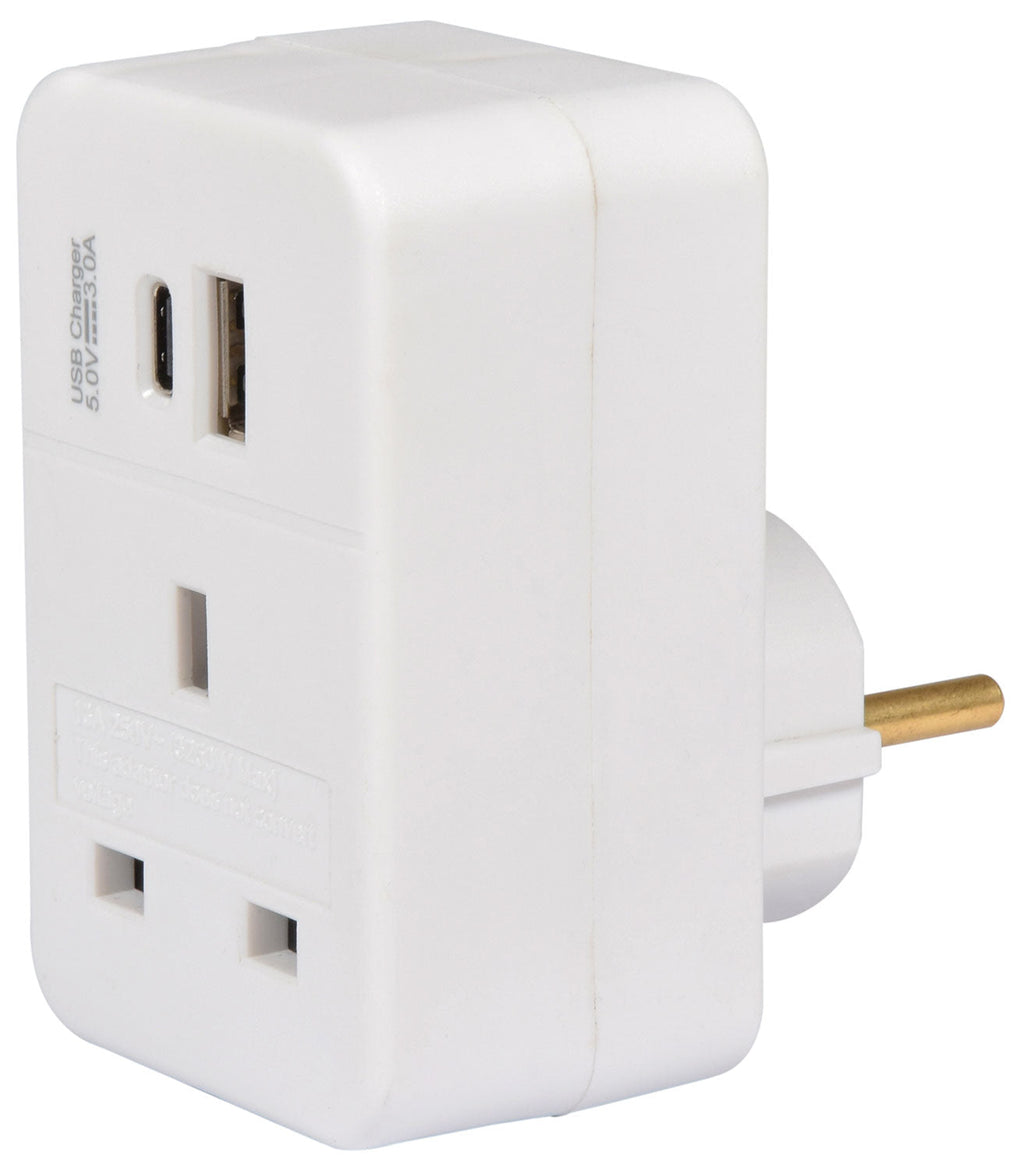 Mercury: 429.911UK, UK to EU Travel Adaptor, USB A & C Ports, PD Fast Charging, 13A