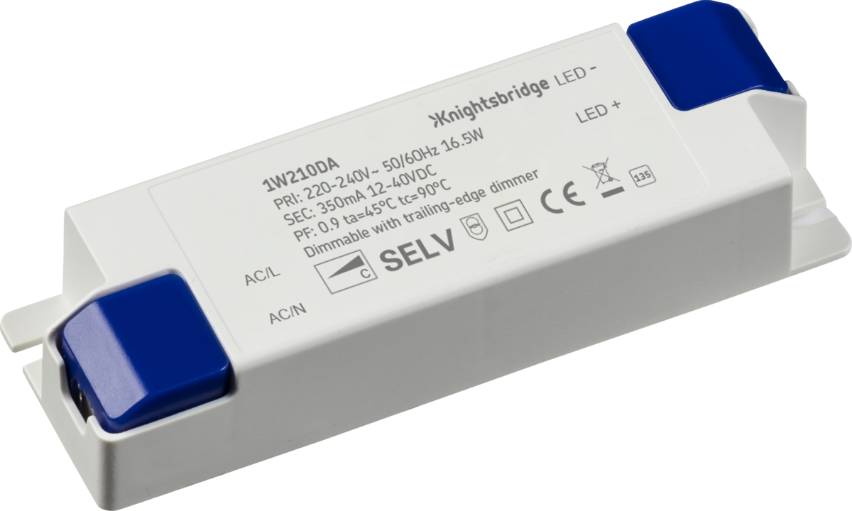 Knightsbridge: 1W210DA, 350mA Dimmable LED Driver, 16.5W, Constant Current, IP20, White Polycarbonate, 230V