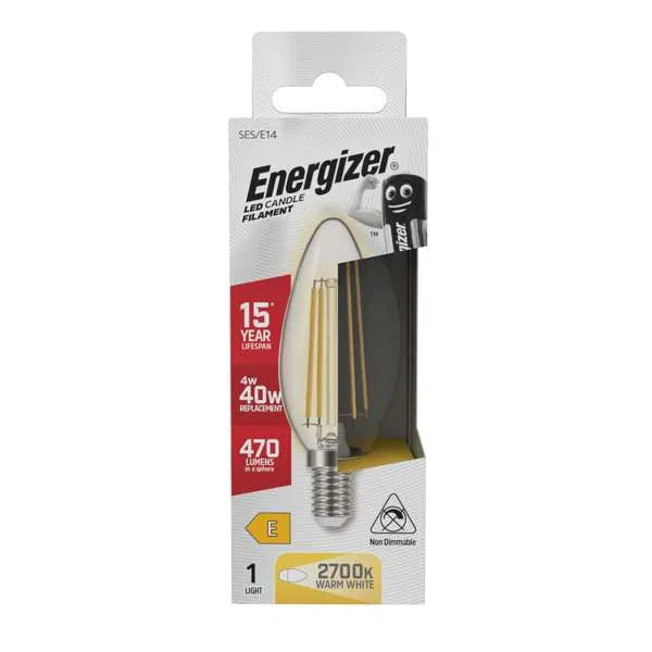 Energizer 4W LED Filament Candle E14 (SES) 470lm 2700K Warm White Non-Dimmable – S12869, ENER559