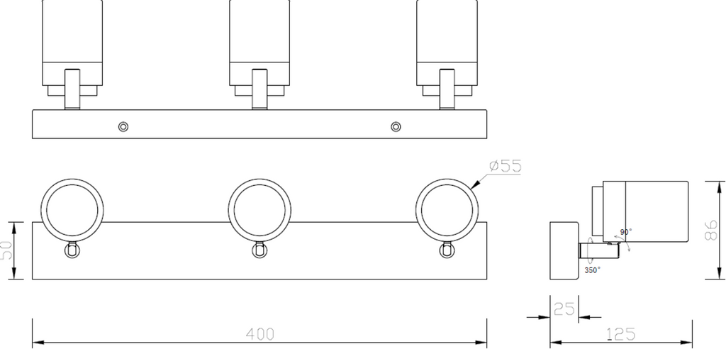 Knightsbridge: BA03B3C, 230V IP44 GU10 Triple Bar Spotlight, Polished Chrome, Adjustable Heads, 3 x 20W Max