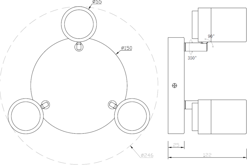 Knightsbridge: BA03P3MB, GU10 Triple Spotlight, Adjustable Heads, Matt Black, IP44, 3 x 20W, 350° Rotation, 90° Tilt