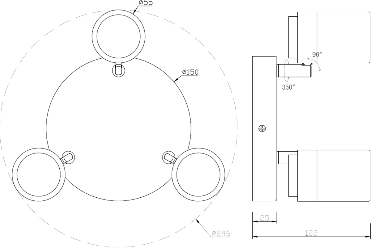 Knightsbridge: BA03P3MB, GU10 Triple Spotlight, Adjustable Heads, Matt Black, IP44, 3 x 20W, 350° Rotation, 90° Tilt