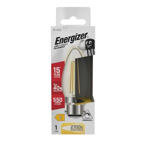 Energizer 5W LED Filament Candle B22 (BC) 470lm 2700K Warm White Dimmable – S12855, ENER545